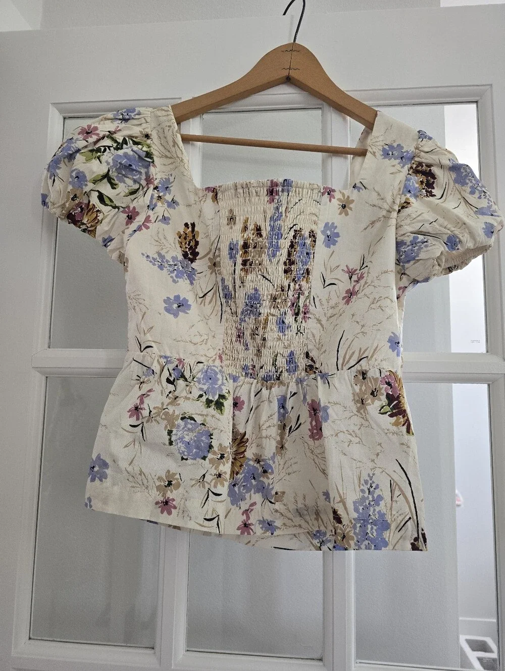 ANTHROPOLOGIE Peplum Puff Sleeve Square Neck French Country Floral Blouse NWOT